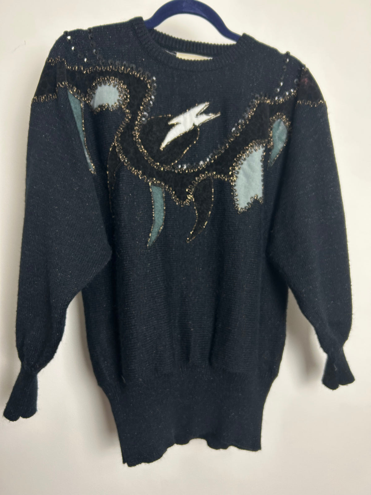 Vintage 1980s SERGIO RICO Size 12-14 Black Braid & Applique Detail Long Sleeve Slouchy Jumper
