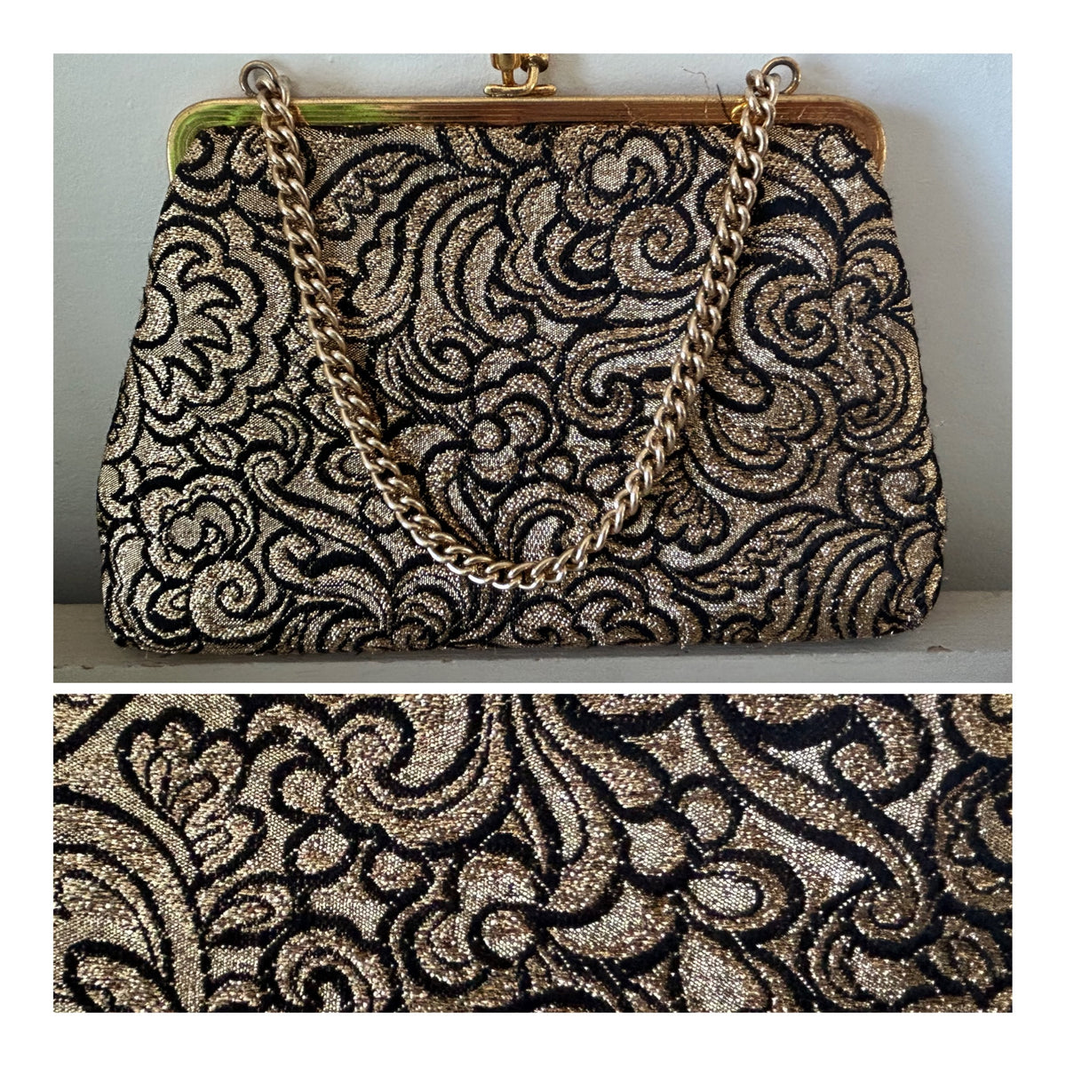 Vintage 1960s Small Black & Metallic Gold Floral Evening Bag With Chain Handle