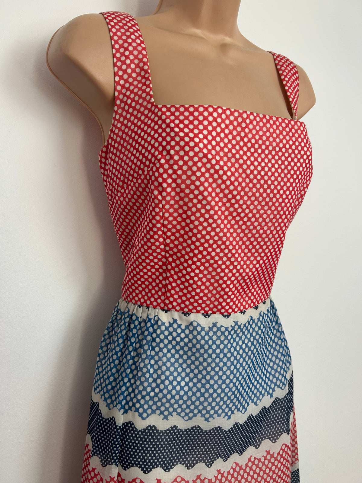 Vintage 1970s ROTER COUTURE Size 10 Red Blue Green & White Polka Dot Cotton Mix Summer Maxi Dress