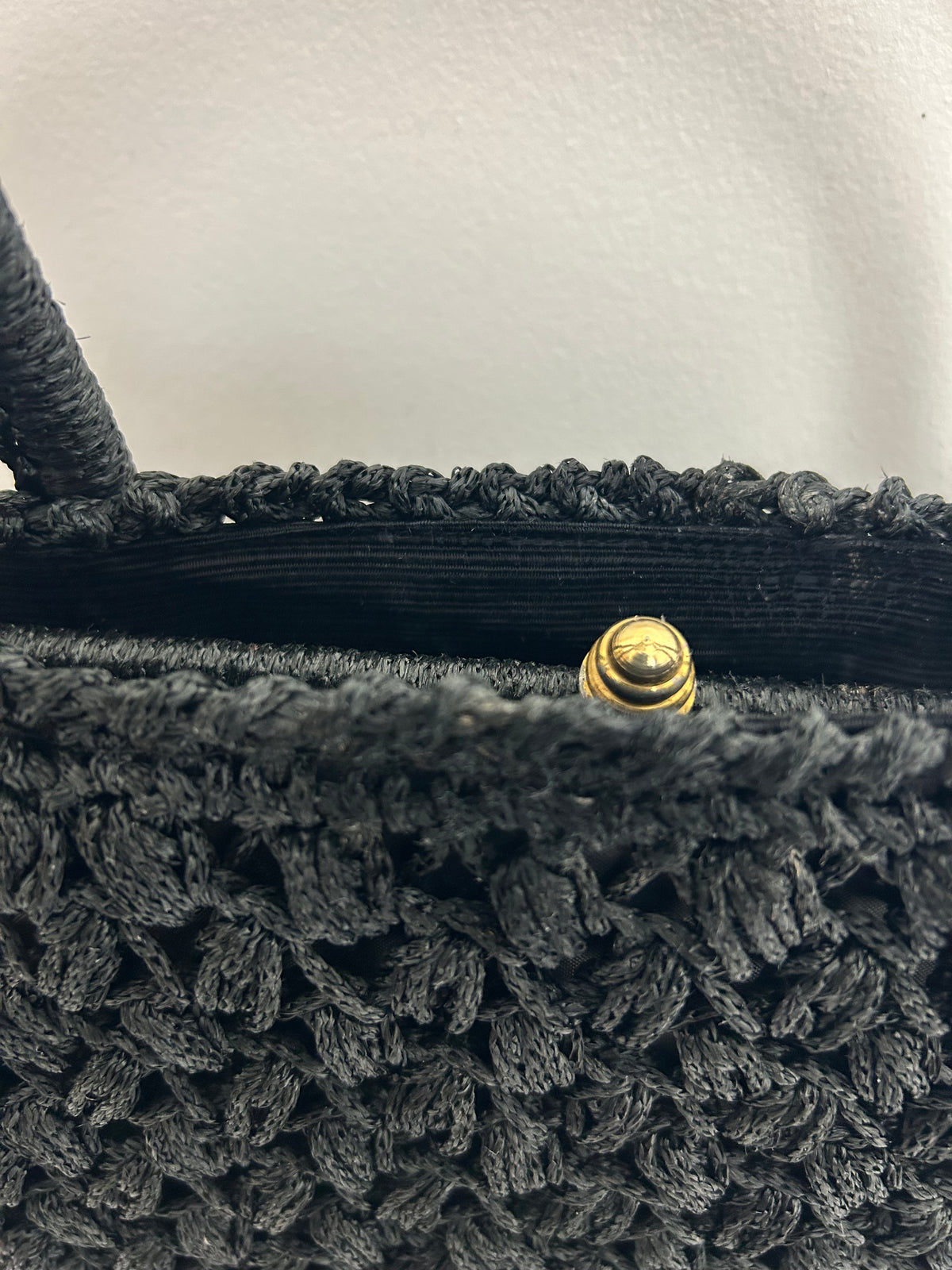 Vintage 1960s Gorgeous Black Crochet Woven Style Top Handle Kelly Style Handbag