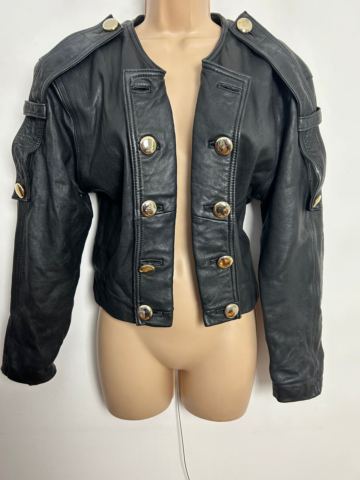 Vintage 1980s UK Size S (10) Black Military Style Open Fronted Button Detail Cropped Leather Jacket