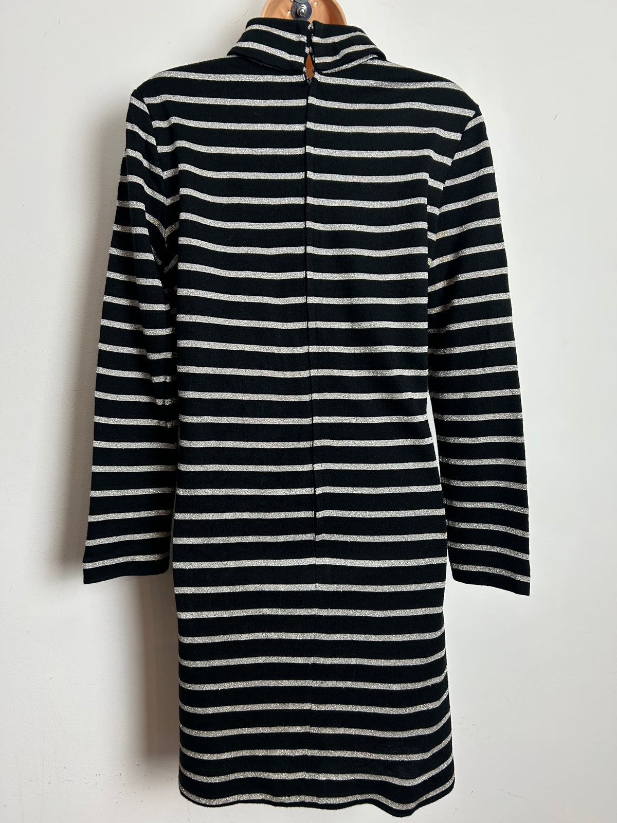 Vintage 1970s JOHN MARKS Size 12-14 Black & Silver Lurex Stripe Long Sleeve Shift Dress