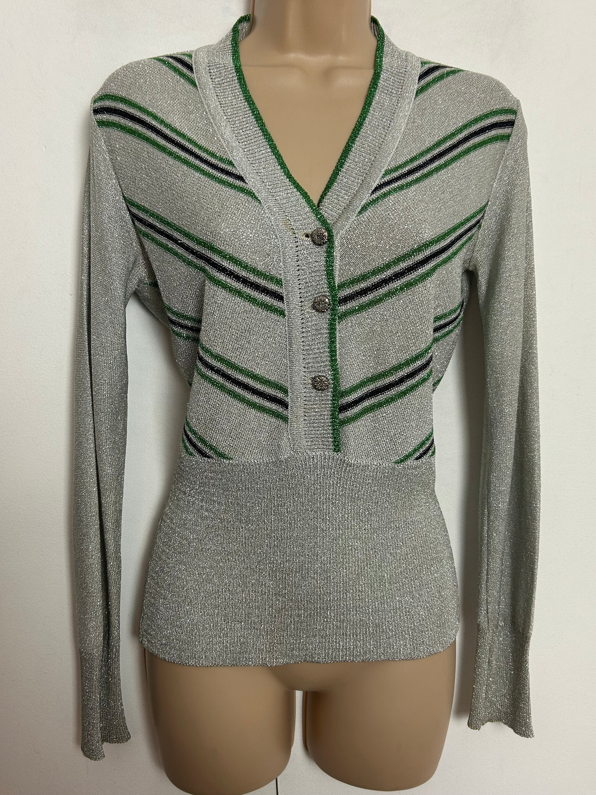 Vintage 1970s UK Size 10-12 Silver Green & Black Stripe Lurex Long Sleeve Top