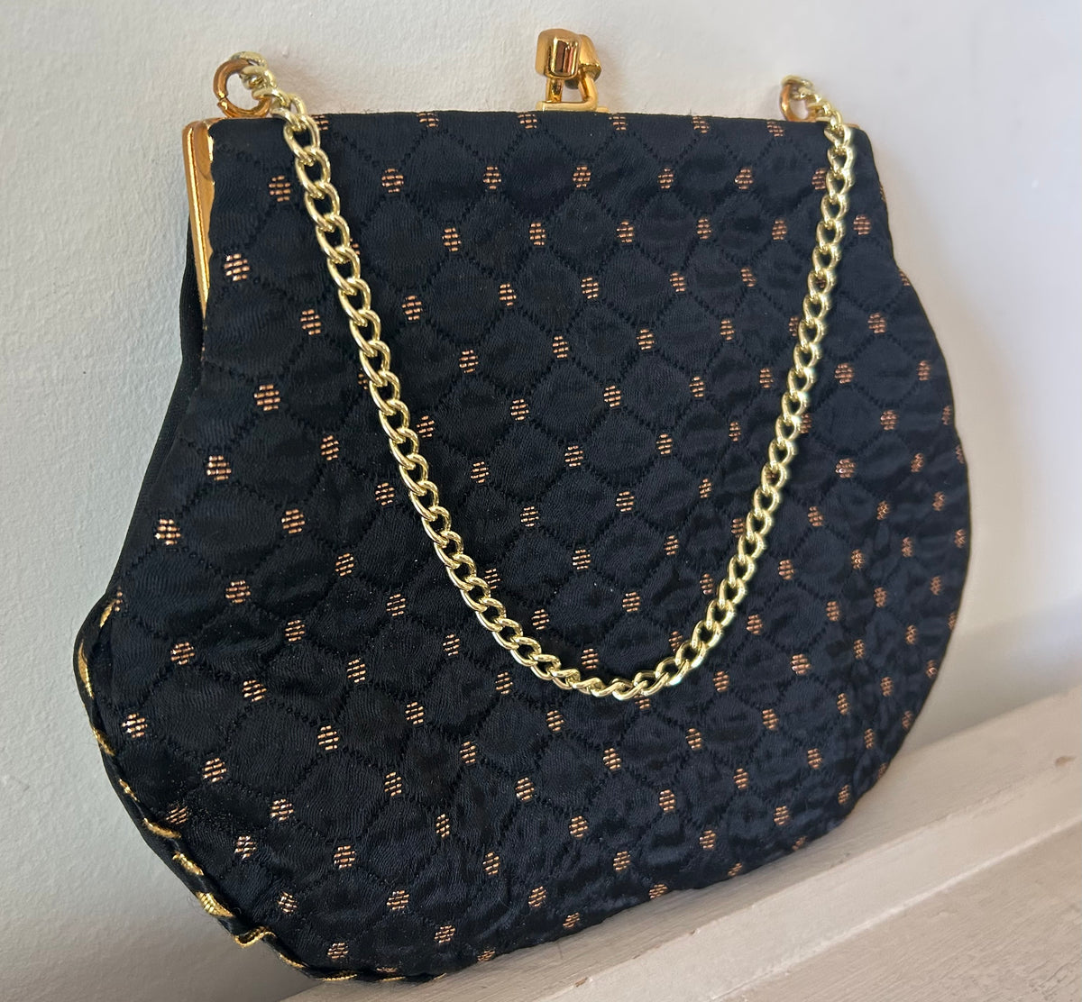 Vintage 1960s Small Black & Metallic Gold Satin Fabric Evening Bag With Chain Handle
