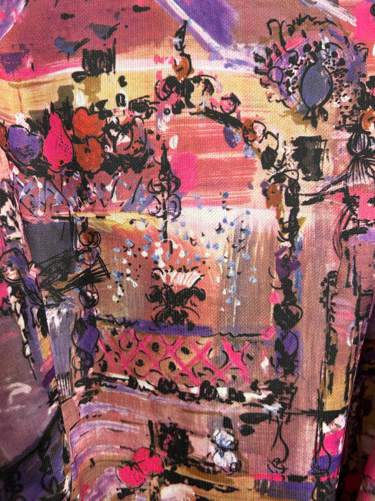 Vintage 1970s Size 14-16 Beige Purple & Pink Warm Tones Abstract Belted Day Dress