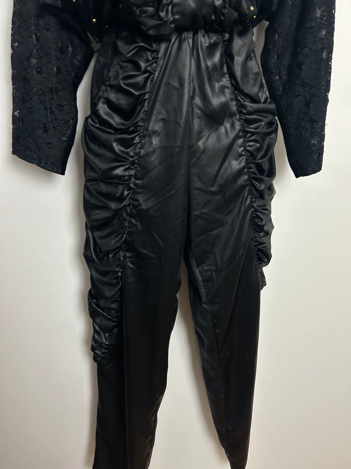 Vintage Extreme 1980s ST DENIS Size 10 Black Ruched Wet Look Studded New Romantic Gothic Vibes Jumpsuit