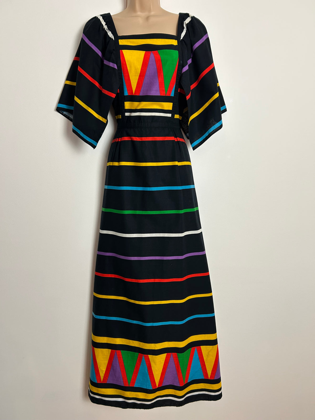 Vintage 1970s BETTY BARCLAY UK Size 8 Black Multicolour Stripe Print Hanky Sleeve Tie Back Cotton Maxi Dress
