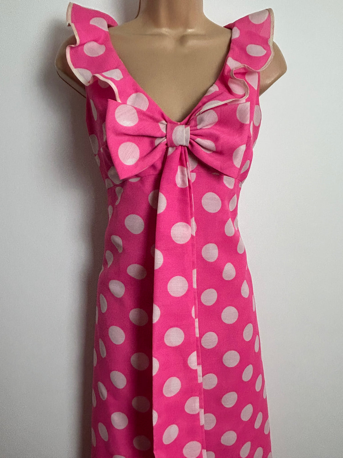 Vintage Early 1970s Size 8 Candy Pink & White Spot Print Ruffle & Bow Detail Sleeveless Maxi Dress