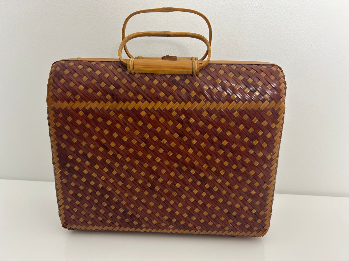 Vintage 1950s Peoples Republic Of China Brown & Tan Wicker Woven Box Style Handbag
