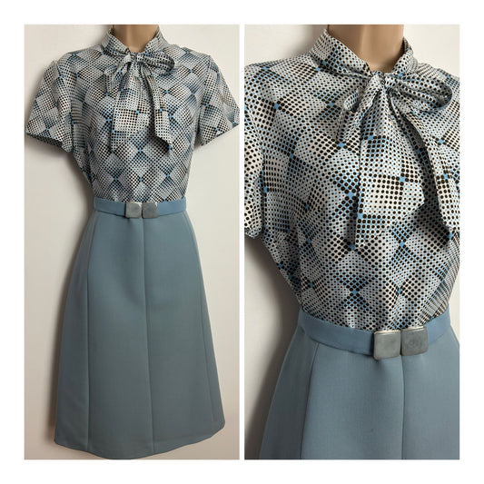 Vintage 1960s HUCKE Size 10 Gorgeous Powder Blue Ivory White & Brown Spot Print Pussy Bow Belted Mod Dress