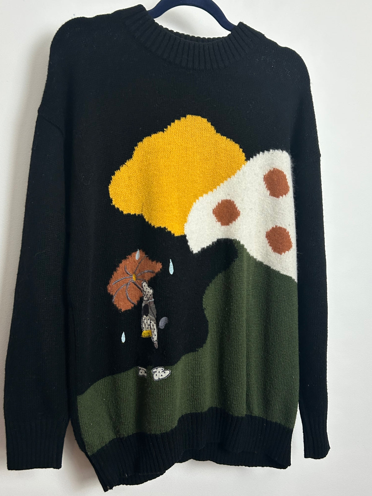 Vintage 1980s Size L (Up to Size 16) Black Mustard & Cream Figurine With Brolly Applique Long Sleeve Jumper