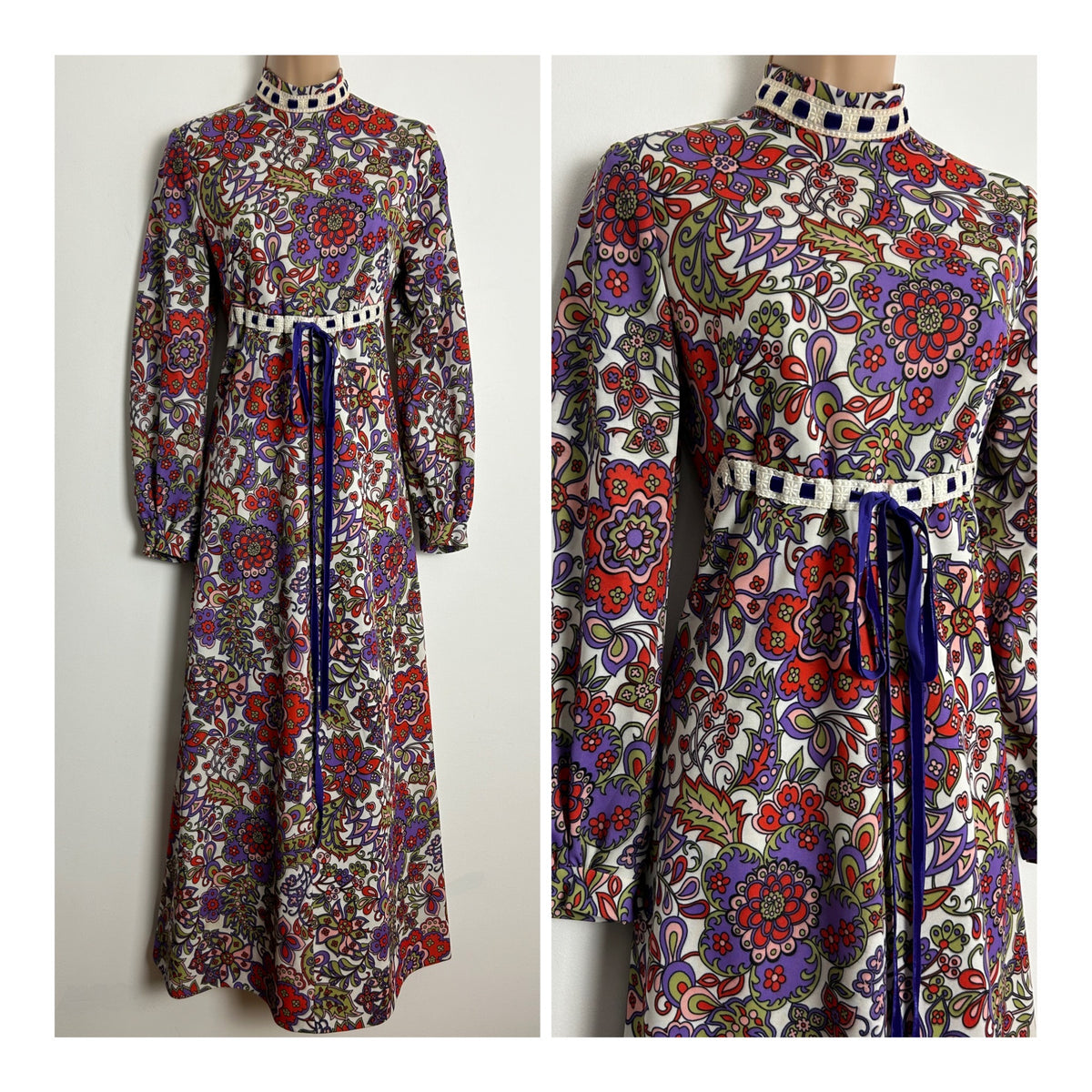 Vintage 1970s Homemade UK Size 12 White Purple Red Green Floral Print Long Sleeve Tie Waist Boho Maxi Dress