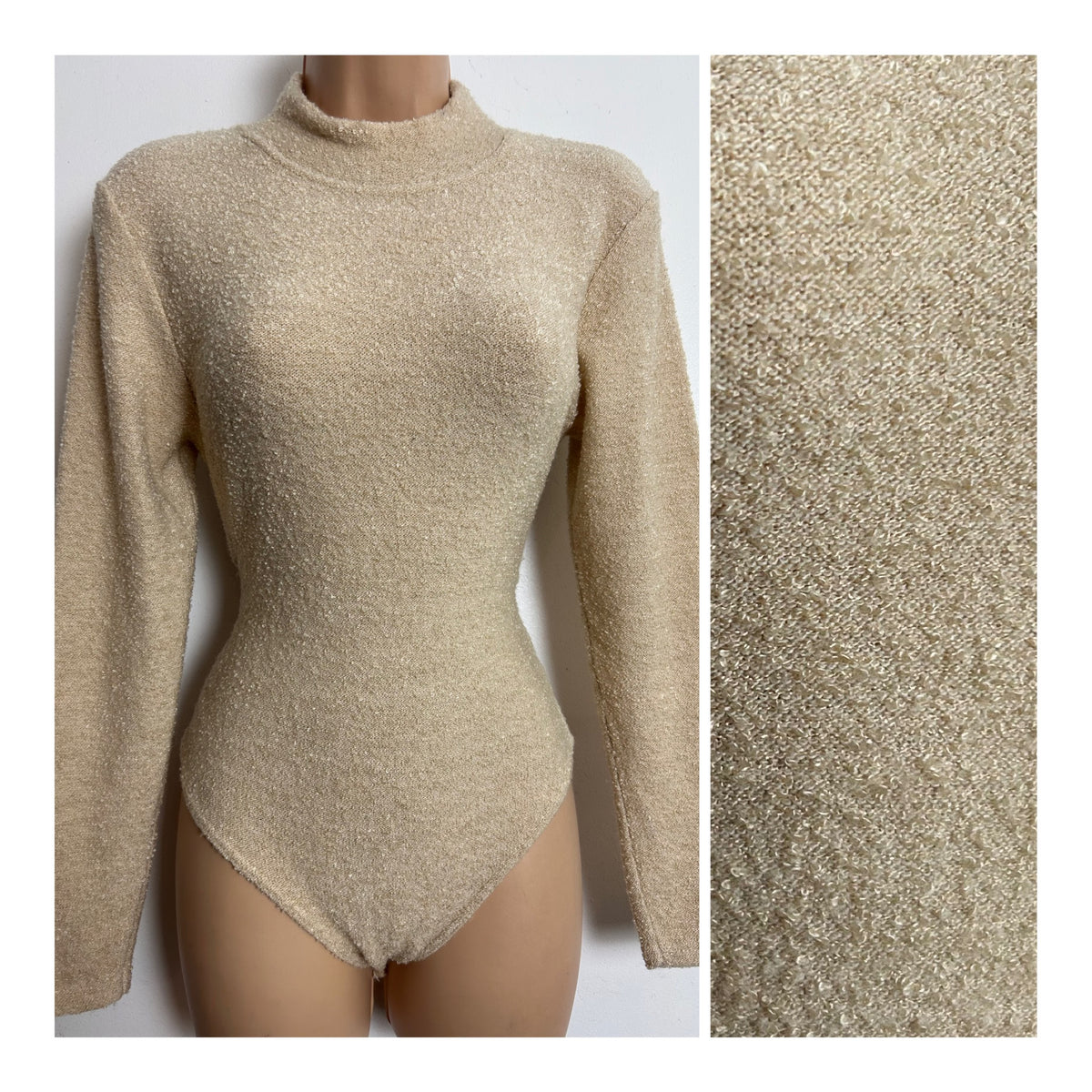 Vintage 1980s 1990s Size 10-12 Beige Soft Textured Long Sleeve Bodysuit