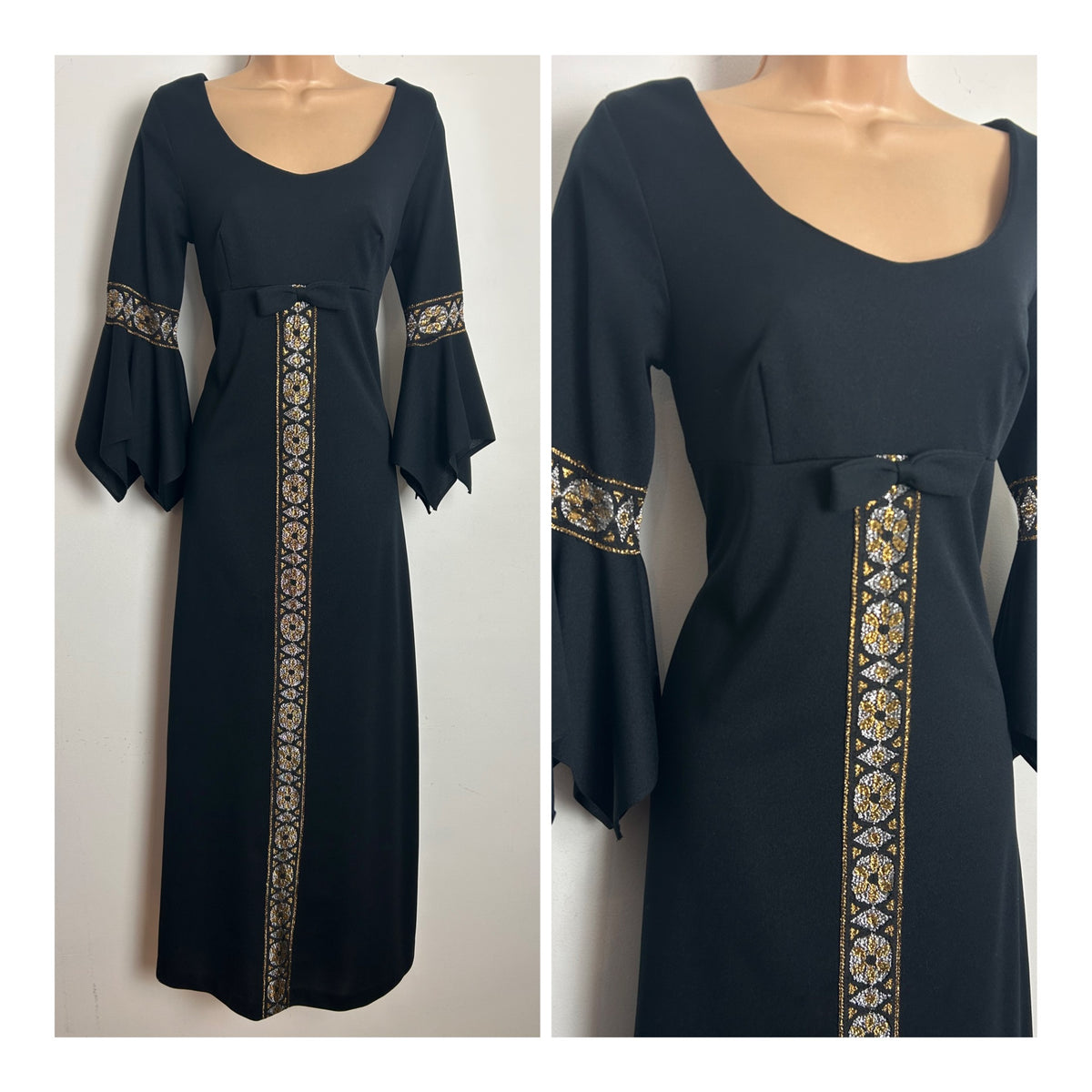 Vintage 1970s Size 8 Black & Metallic Gold & Silver Detail Flared Cuff Evening Maxi Dress