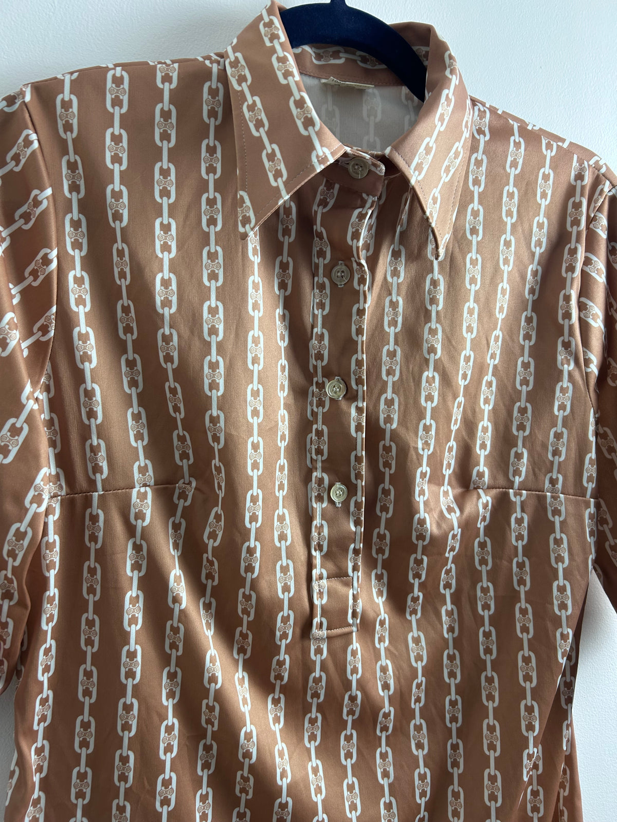 Vintage 1970s UK Size 12 Sandy Brown & White Abstract Chain Print Long Sleeve Shirt