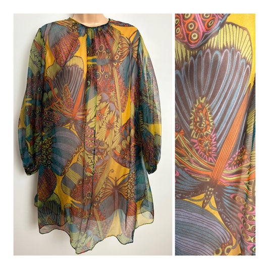 Vintage 1960s Size 8-10 Brown Mustard Green & Orange Butterfly Print Chiffon Baby Doll Mini Dress