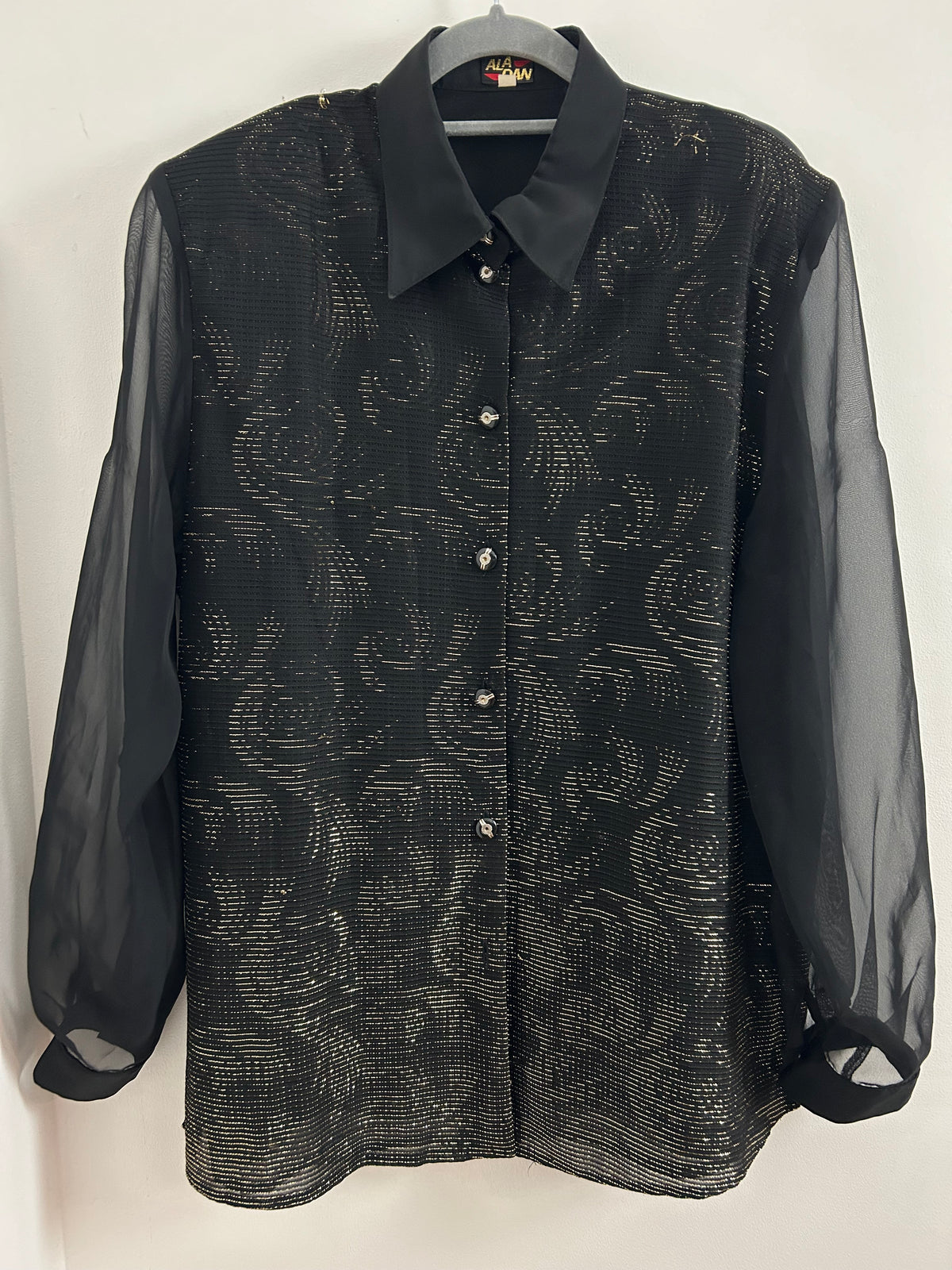Vintage 1980s ALADAN UK Size 14 Back & Gold Metallic Swirly Stripe Pattern Long Sleeve Shirt