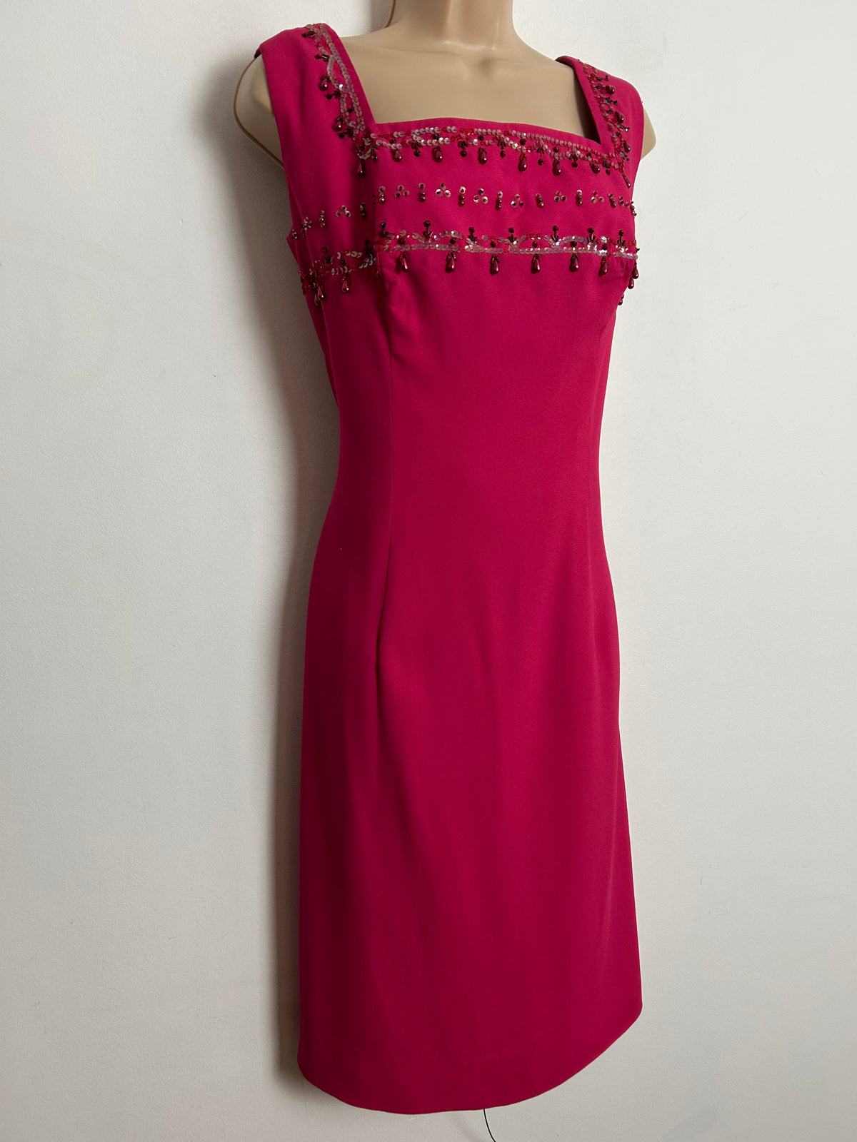 Vintage 1960s UK Size 12-14 Hot Pink Bead & Sequin Embellished Shift Style Party Occasion Dress