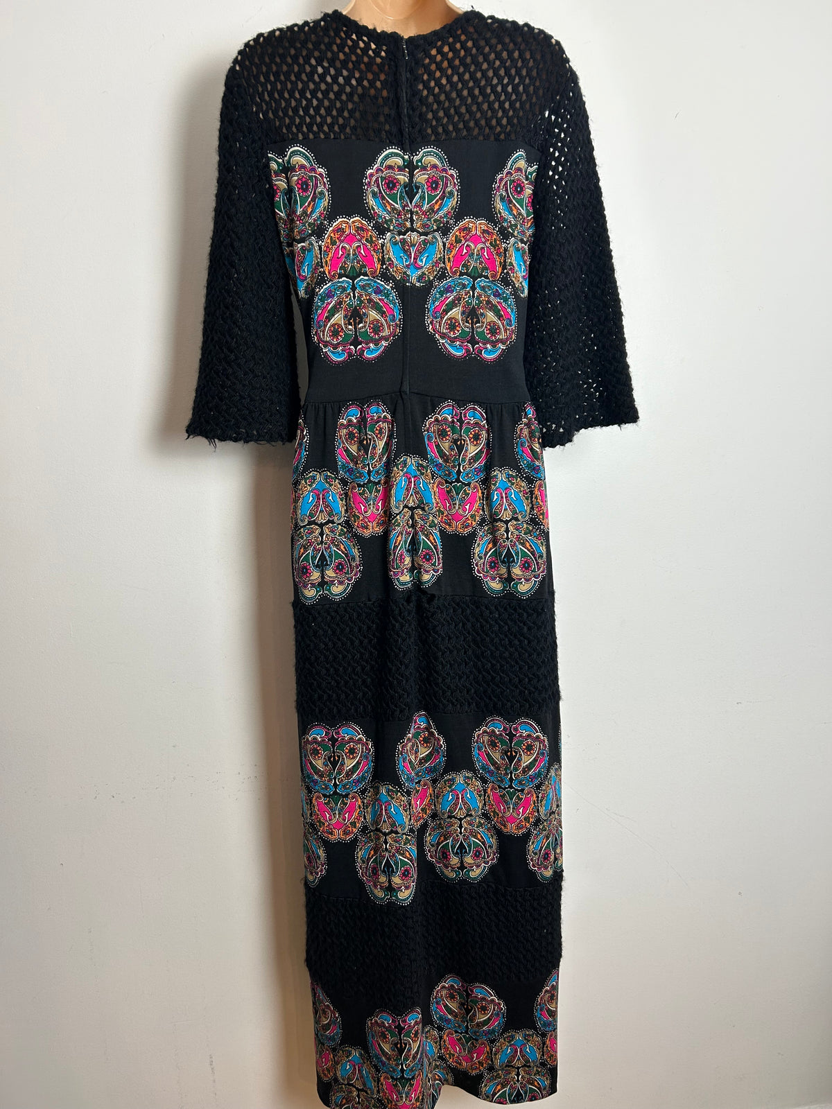 Vintage Early 1970s IRWA Size 12 Black Blue & Pink Nouveau Print Knitted Neck & Sleeves Pure Wool Maxi Dress