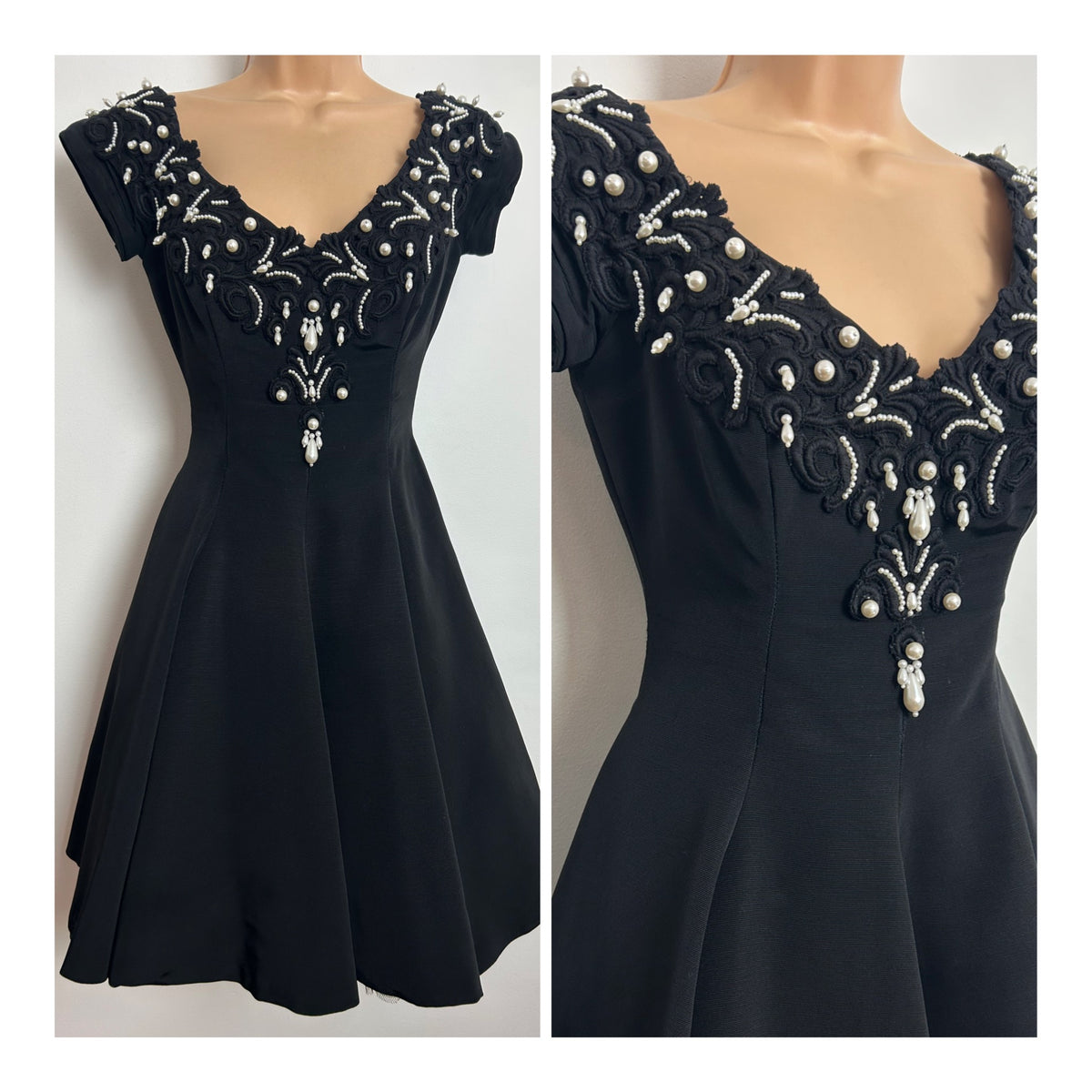 Vintage Early 1980s Rare DESIGNER DAVID FIELDEN Size 8 Black Pearl Bead Embellished Party Prom Occasion Dress
