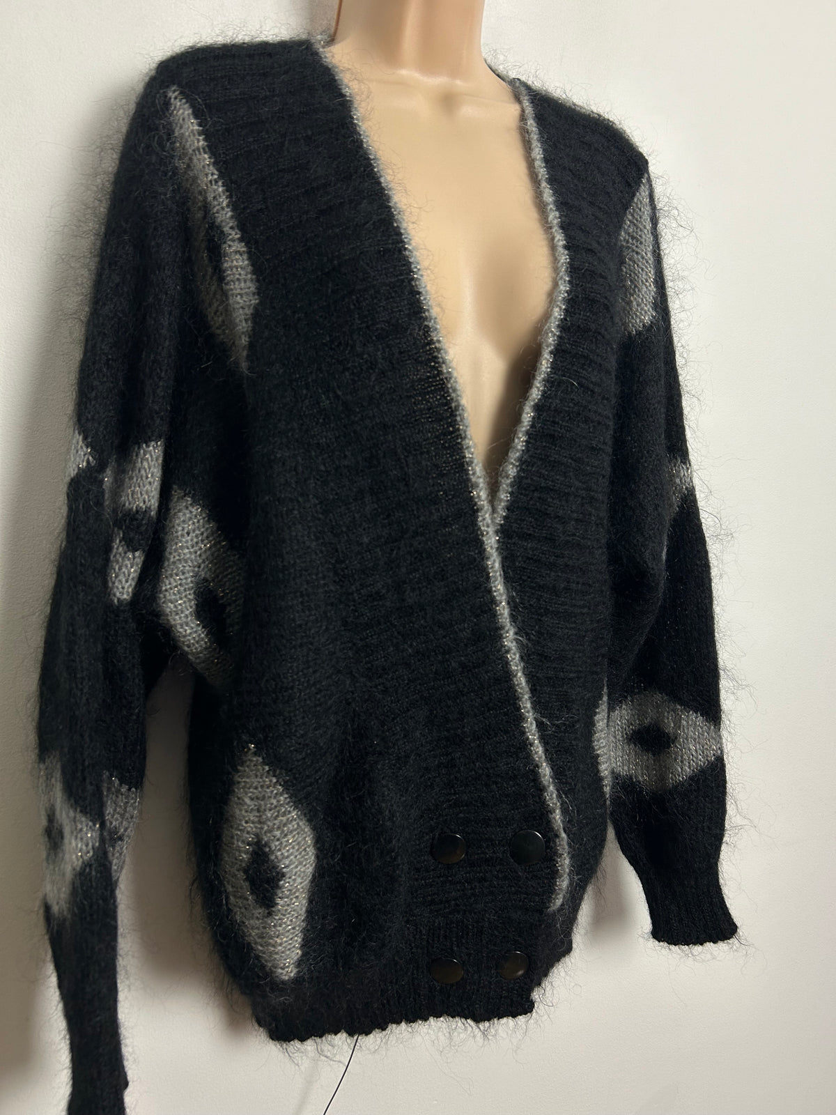 Vintage 1980s Up To Size 14/16 Black & Silvery Grey Mohair Mix Long Sleeve Slouchy Cardigan