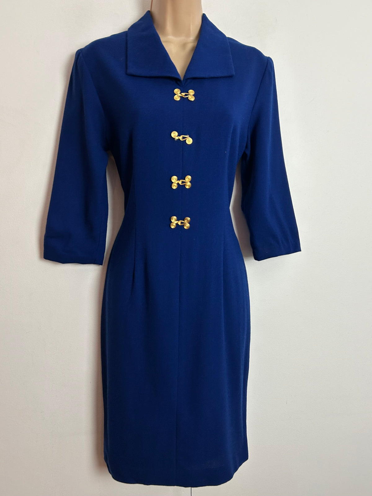 Vintage Early 1970s UK Size 8 Navy Blue Long Sleeve Wool Mix Long Sleeve Mod Day Dress