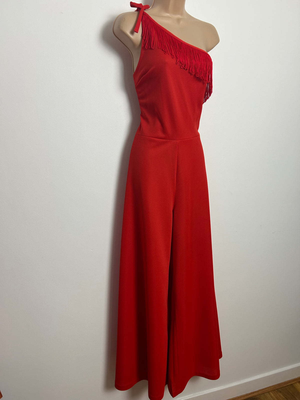 Vintage 1970s Size 8 Fabulous Red One Shoulder Fringe Tassel Wide Leg Occasion Jumpsuit