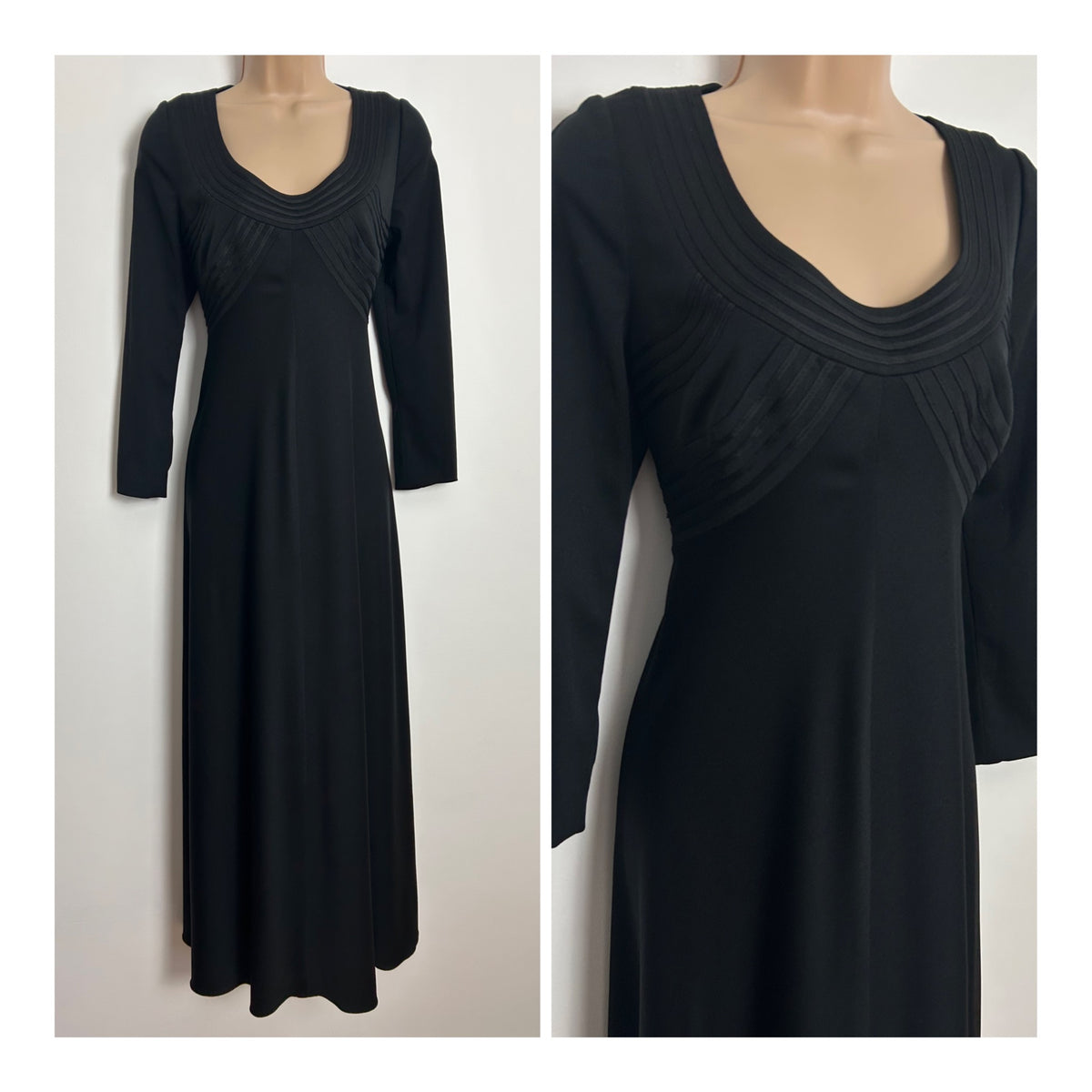 Vintage 1970s YVETTE UK Size 10-12 Black Braid Trim Detailing Long Sleeve Occasion Evening Maxi Dress