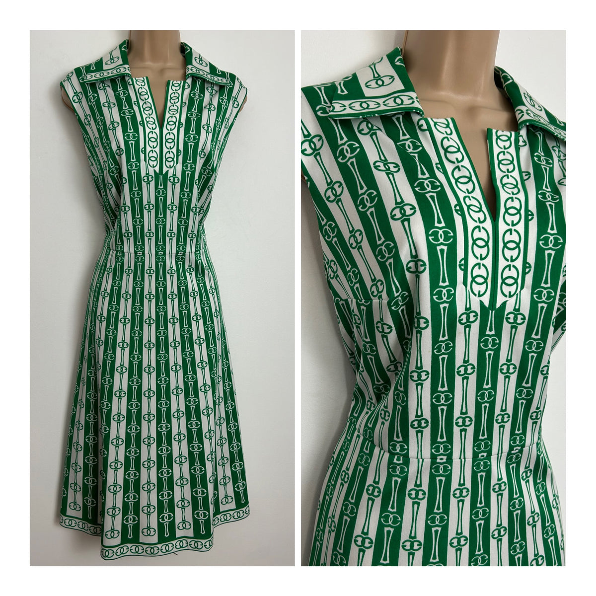 Vintage 1970s Size 14 Green & White Abstract Geo Stripe Print Sleeveless Mod Fit & Flare Dress