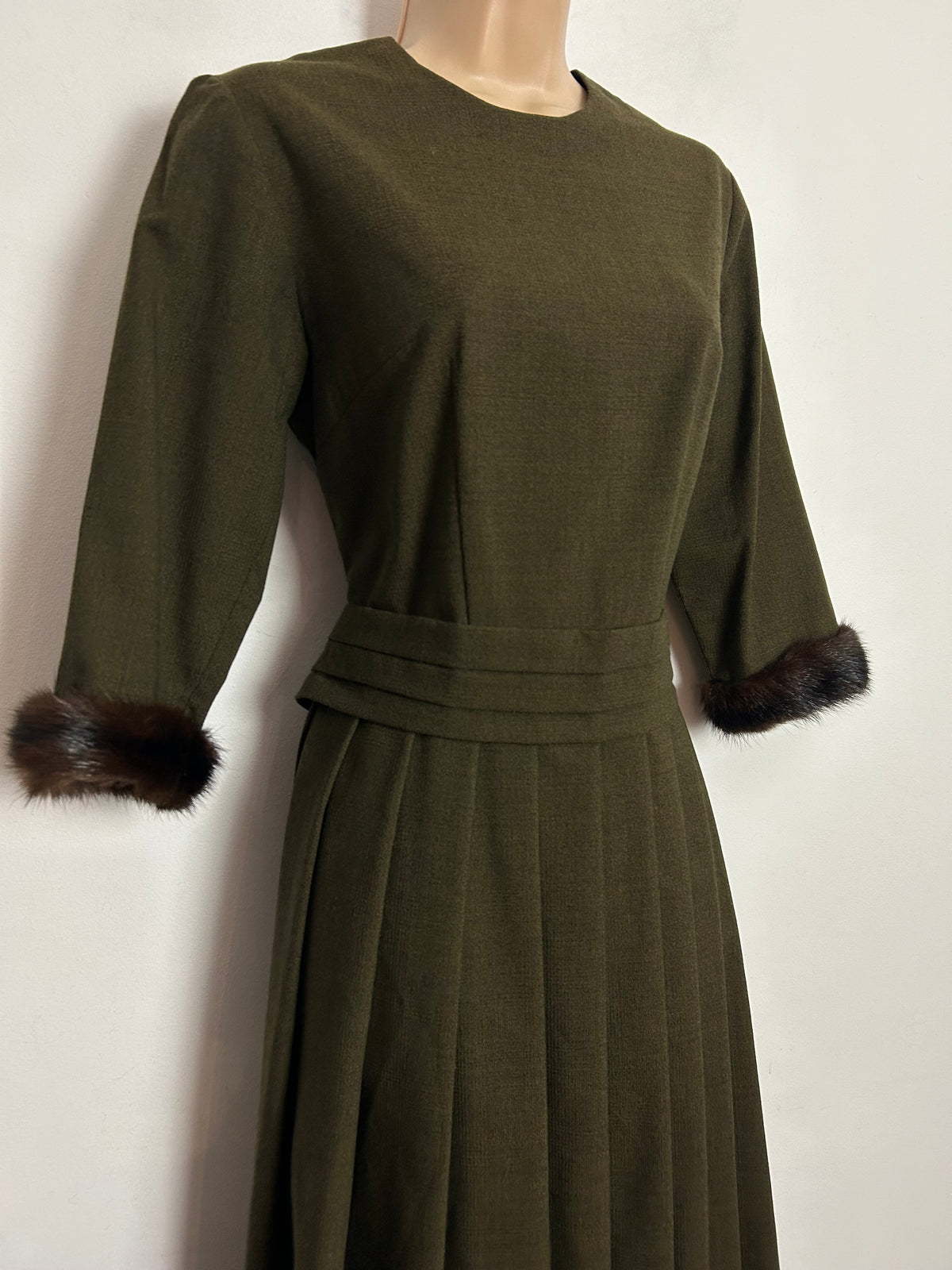 Vintage 1950s UK Size 8 Khaki Green Wool Mix Fur Cuff Pleated Dress