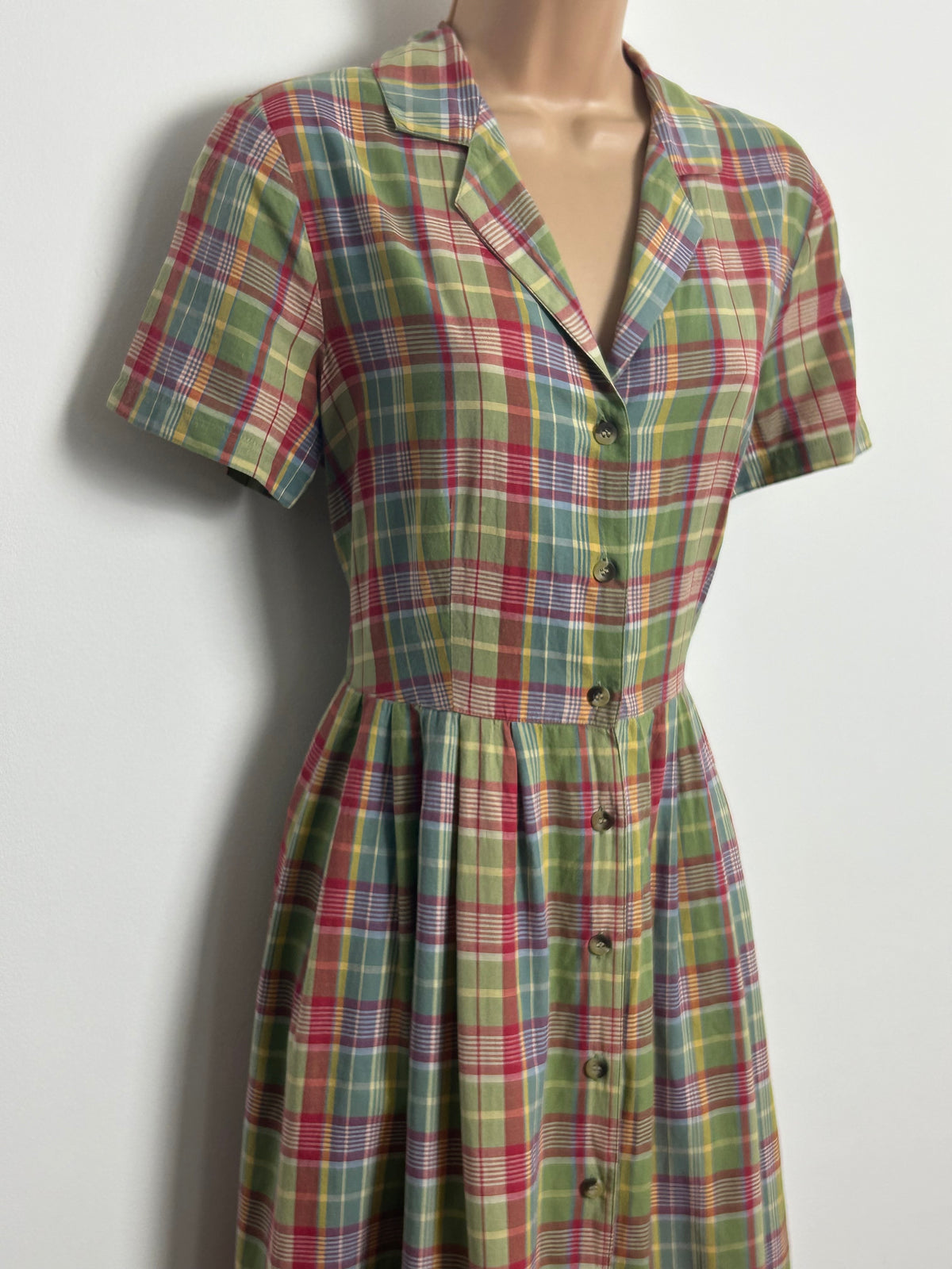 Vintage 1980s LAURA ASHLEY Size 12 Green Red & Blue Check Print Cotton Maxi Dress