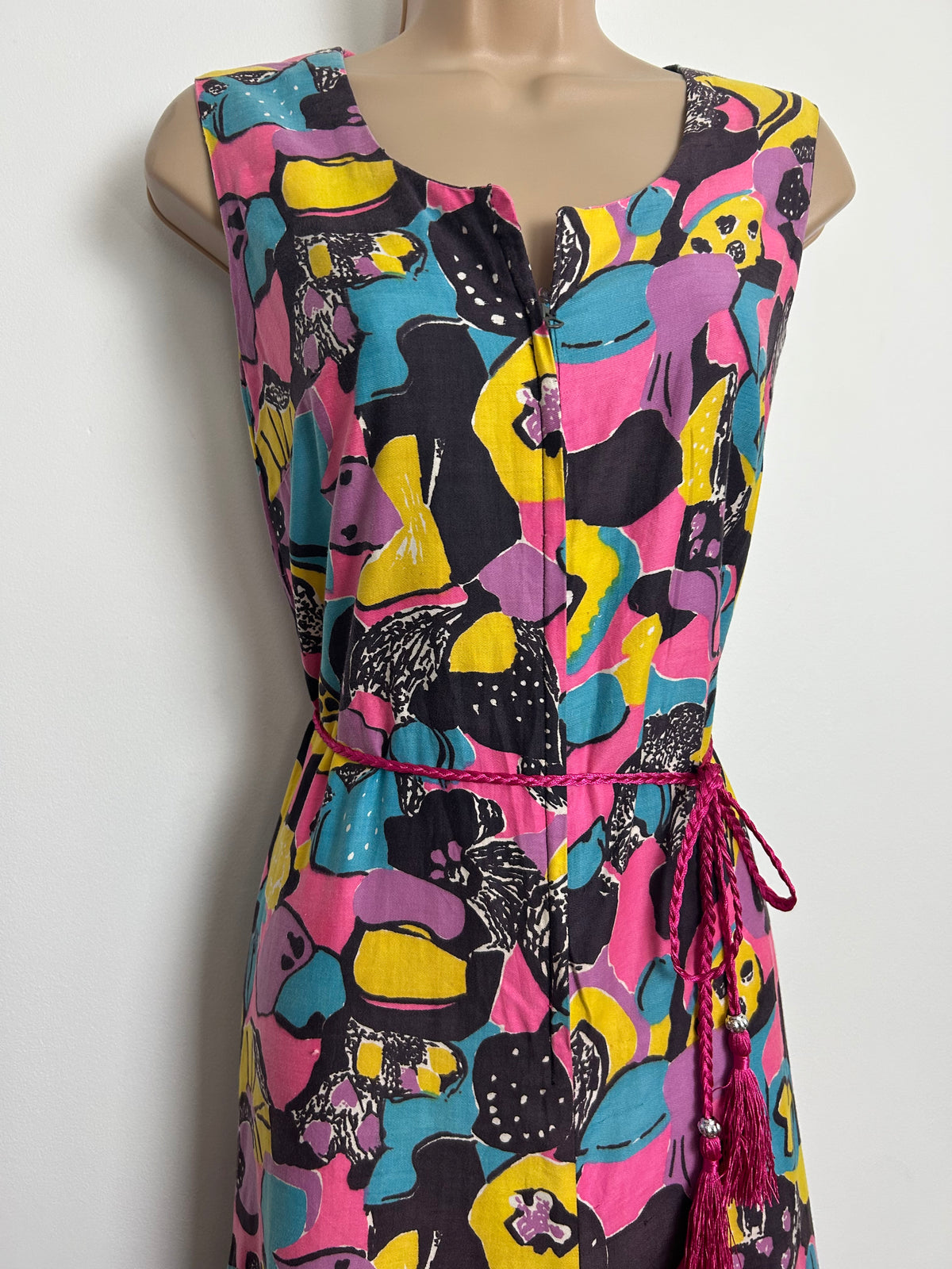 Vintage 1970s 12 Black Blue Yellow & Pink Psychedelic Floral Print Cotton Wide Leg Jumpsuit