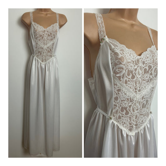 Vintage Size 10 White Lace Detail Tie Back Floral Applique Detail Lace Strap Negligee Nightdress