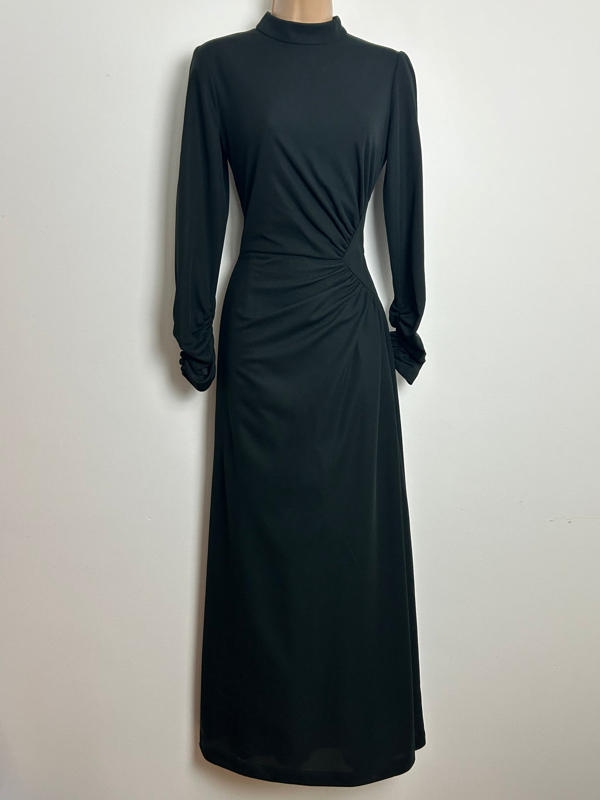 Vintage 1970s BERKERTEX Size 8 Classic Black Side Panel Long Sleeve Maxi Dress