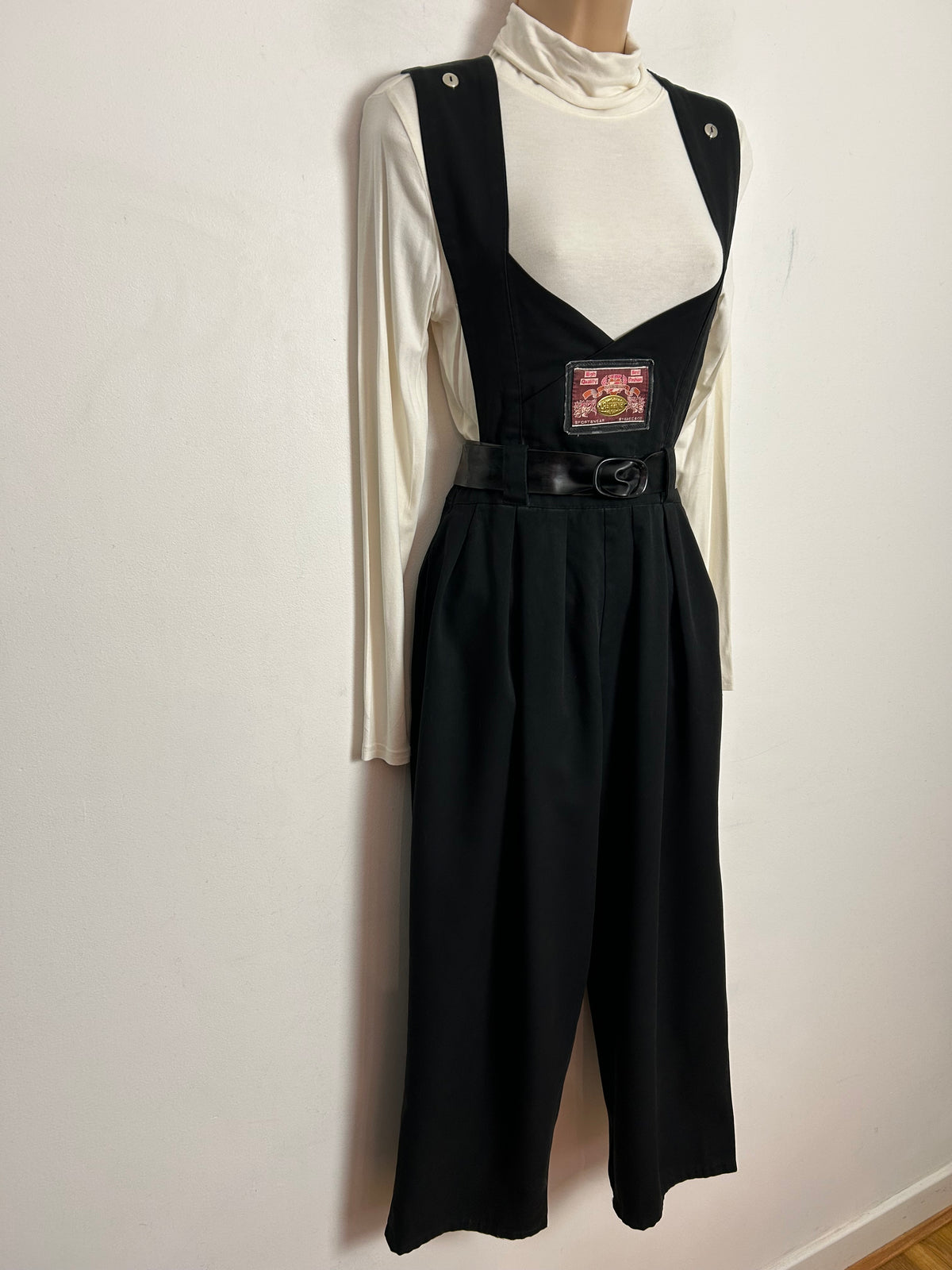 Vintage 1980s UK Size 10 Black Low Front Wide Straps Belted Cropped Wide Leg Jumpsuit