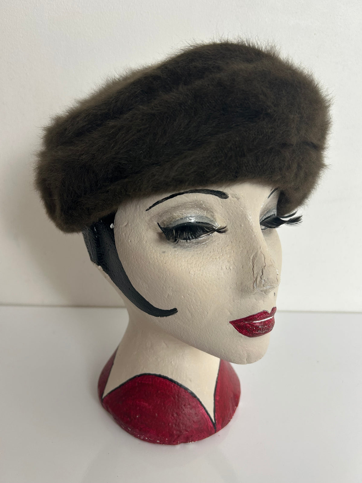 Vintage 1960s Moss Green Angora Mix Pill Box Style Hat