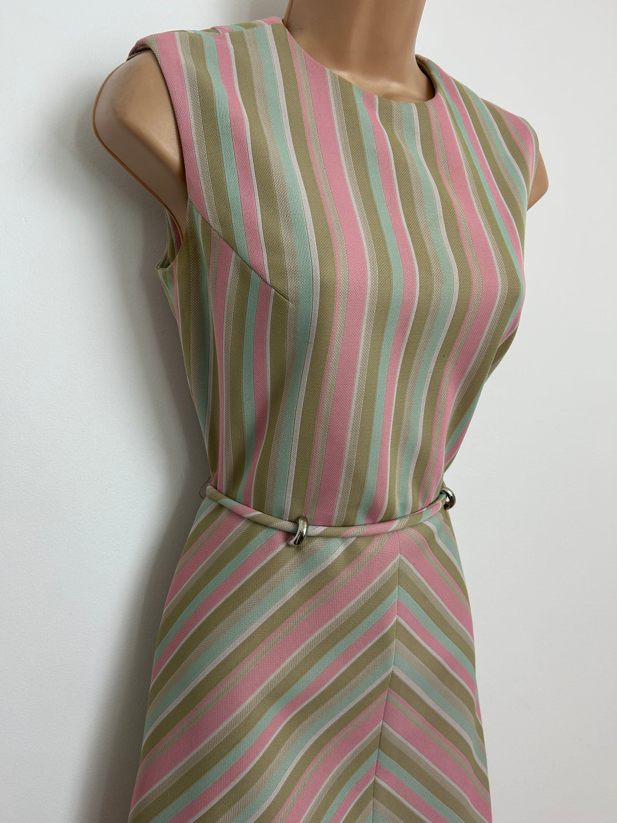 Vintage 1960s Size 10 Green Pink & Mint Stripe Print Belted Mod Day Dress