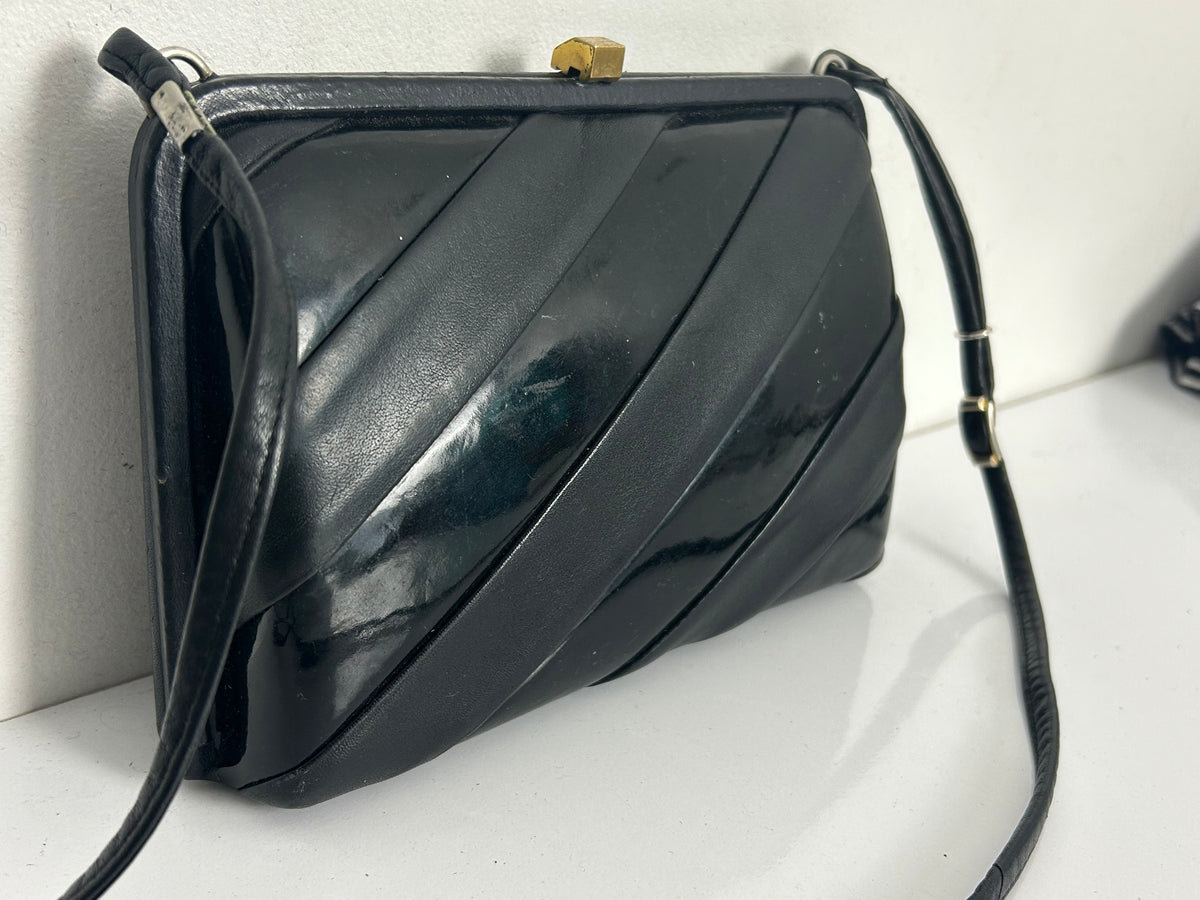 Vintage 1960s Black Leather & Patent Panels Box Style Shoulder Handbag