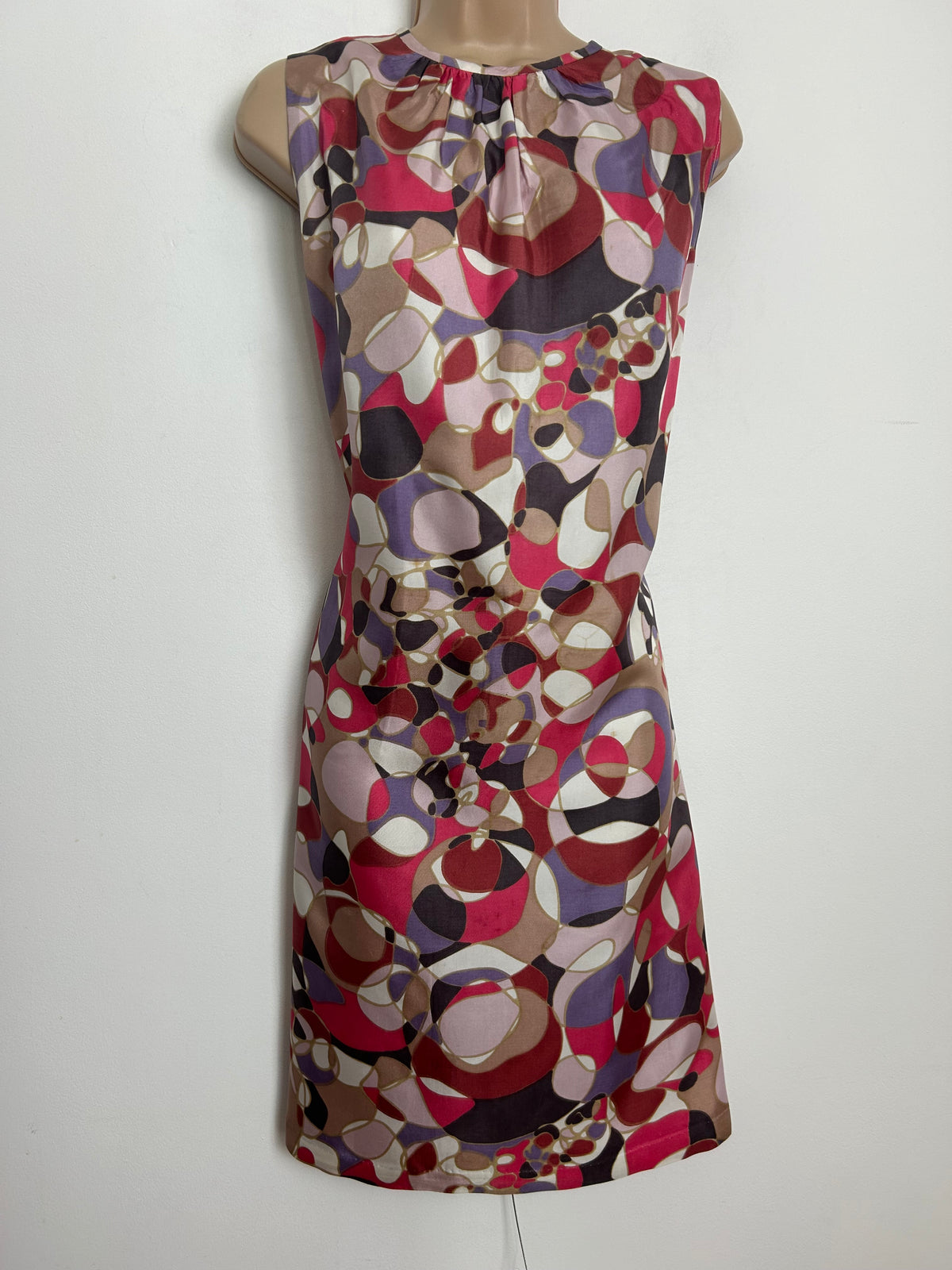 Vintage 1960s Size 14 Pink Mauve Beige & White Abstract Print Mod Shit Dress