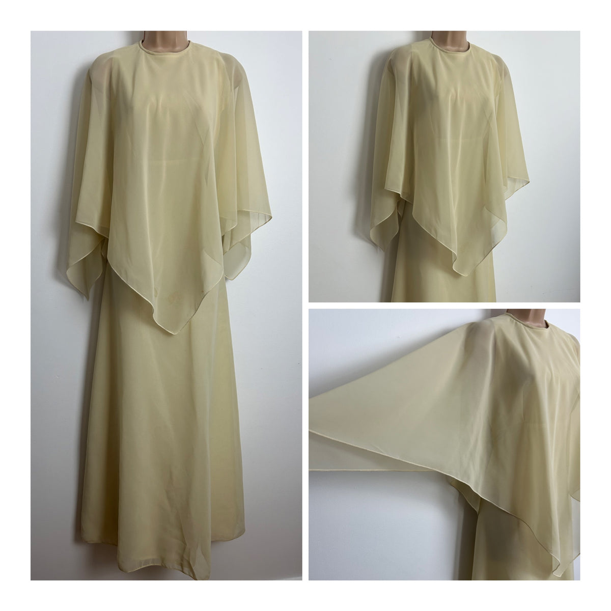 Vintage 1970s Size 8 Beautiful Cream Cape Sleeve Double Layered Boho Summer Occasion Maxi Dress