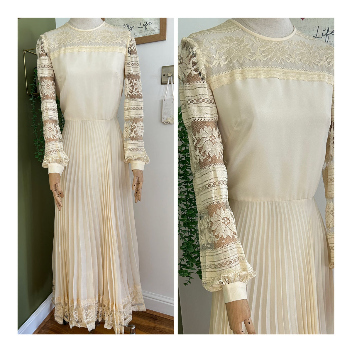Vintage 1970s Size 10 Cream Lace Sleeve Pleated Boho Bridal Inspired Occasion Maxi Dress