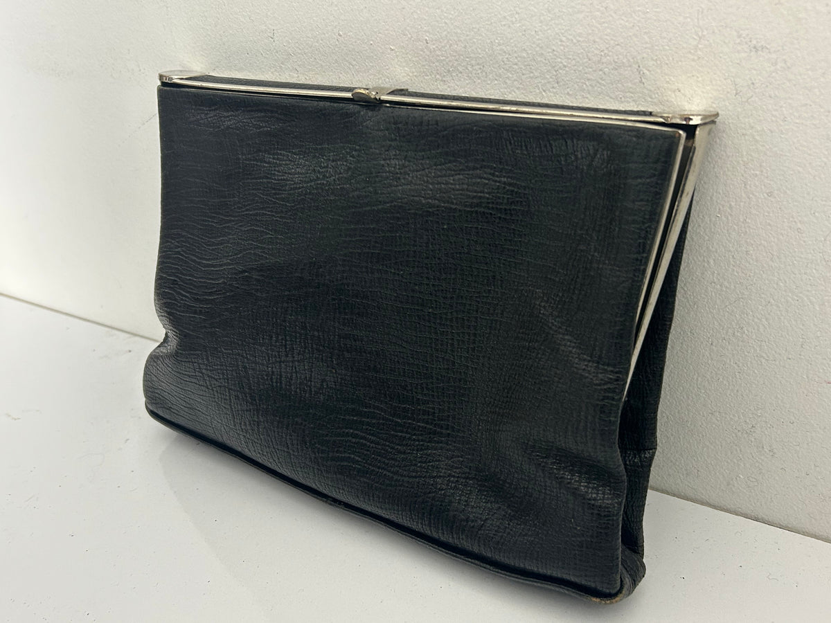 Vintage 1940s Black Leather Mock Reptile Framed Clutch Bag With Hand Strap