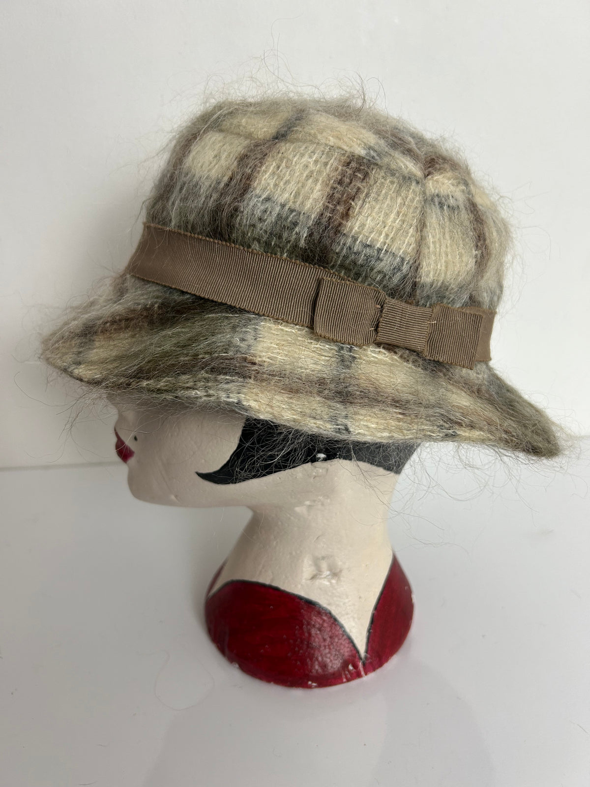 Vintage Brown & Beige Check Wool & Angora Mix Trilby Style Hat