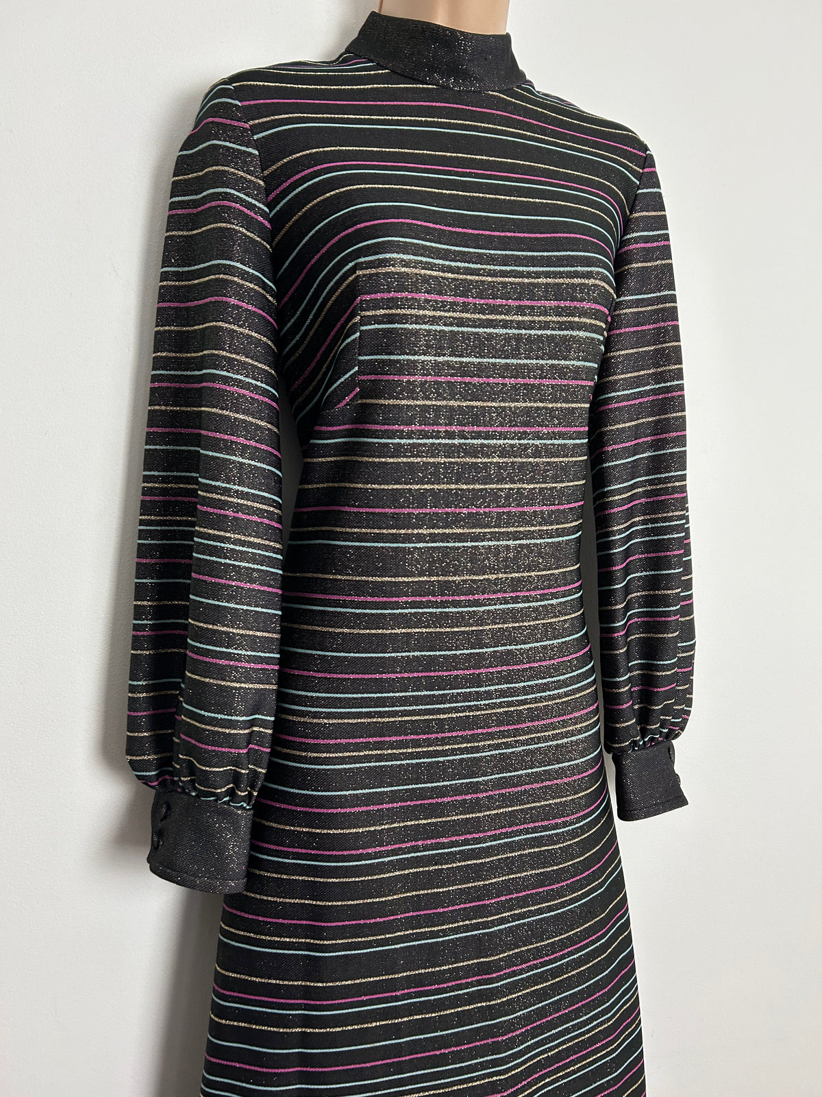 Vintage 1970s UK Size 12 Black Pink Blue Gold & Silver Stripe & Geo Print Lurex Long Sleeve Maxi Dress