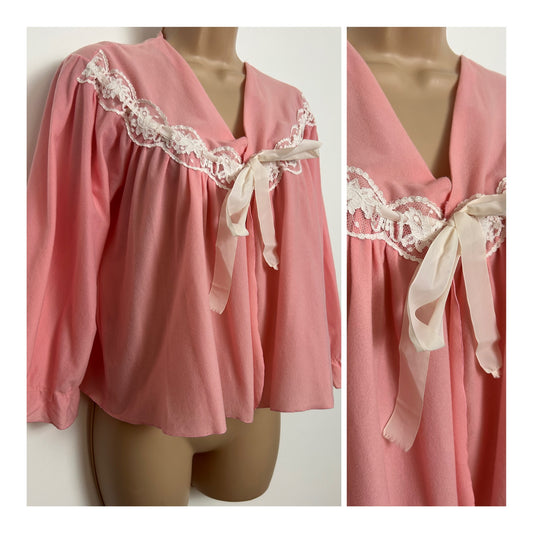 Vintage 1960s Size 10 Baby Pink & White Lace Trim Bri-Nylon Bed Jacket With White Tie