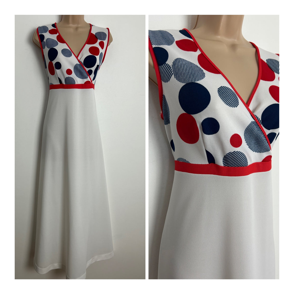 Vintage 1970s Size 14 White Navy & Red Spot Print Sleeveless Summer Maxi Dress