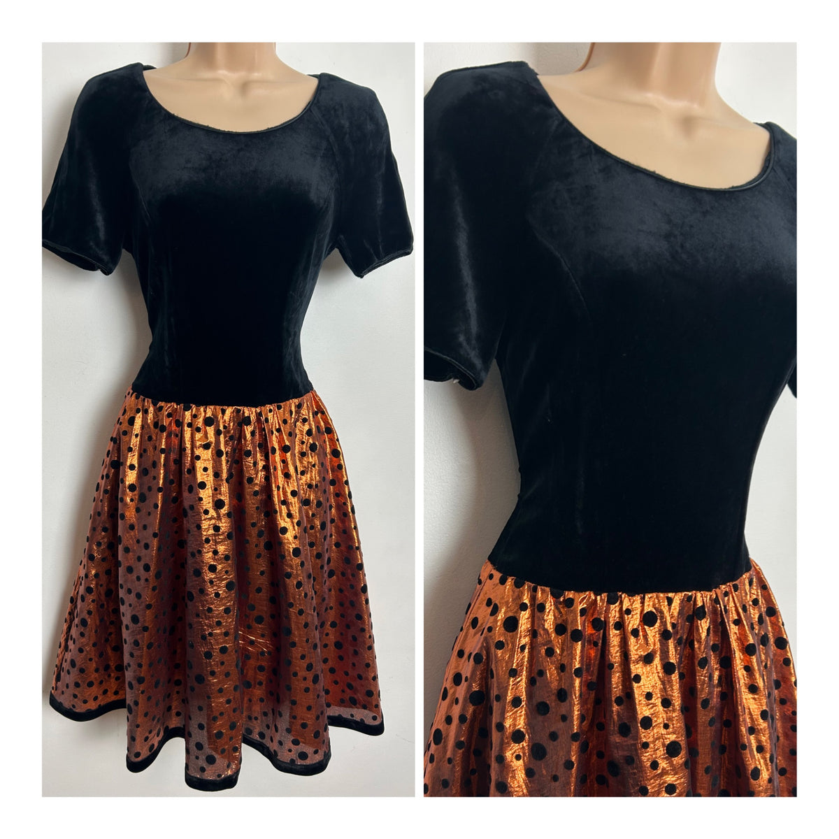 Vintage 1980s Size 10 Black & Bronze Velour & Taffeta Flock Polka Dot Party Prom Style Dress