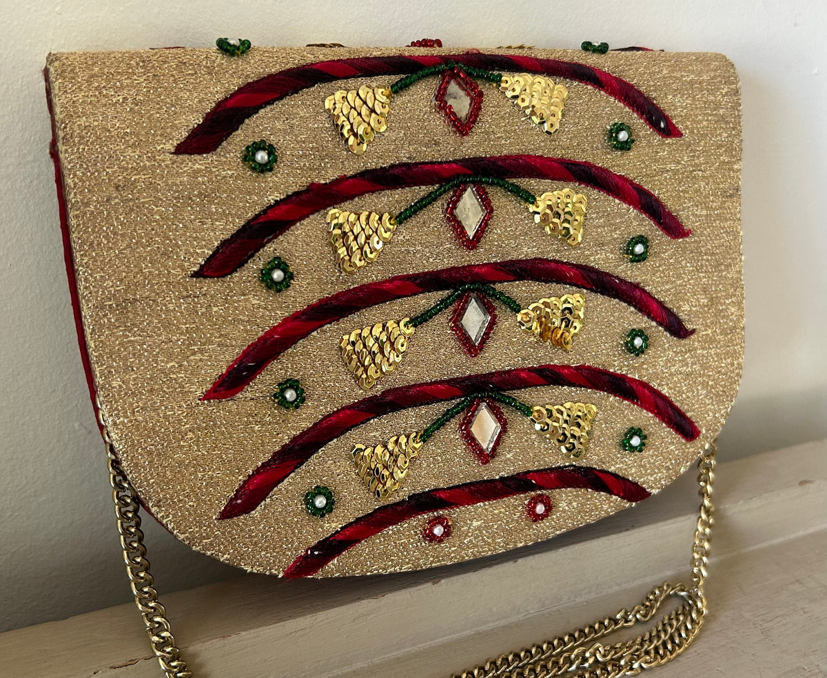 Vintage 1970s REGAL Small Red & Metallic Gold Mirror Sequin Bead & Embroidered Detail Shoulder Bag