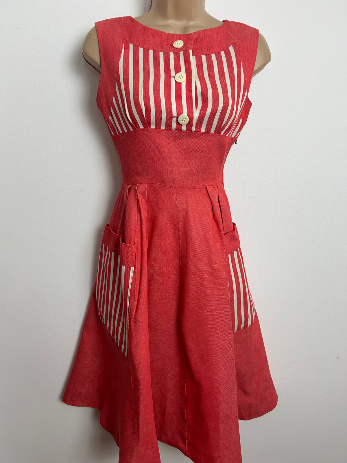 Vintage Late 1950s/Early 1960s BRIGITTE Size 6 Red & White Stripe Print Pocket Detail Pleated Rockabilly Dress