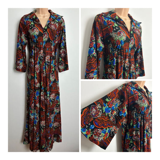 Vintage 1970s DUMARSEL Size 8-10 Black Dark Orange Blue & Green Abstract Floral Maxi Dress